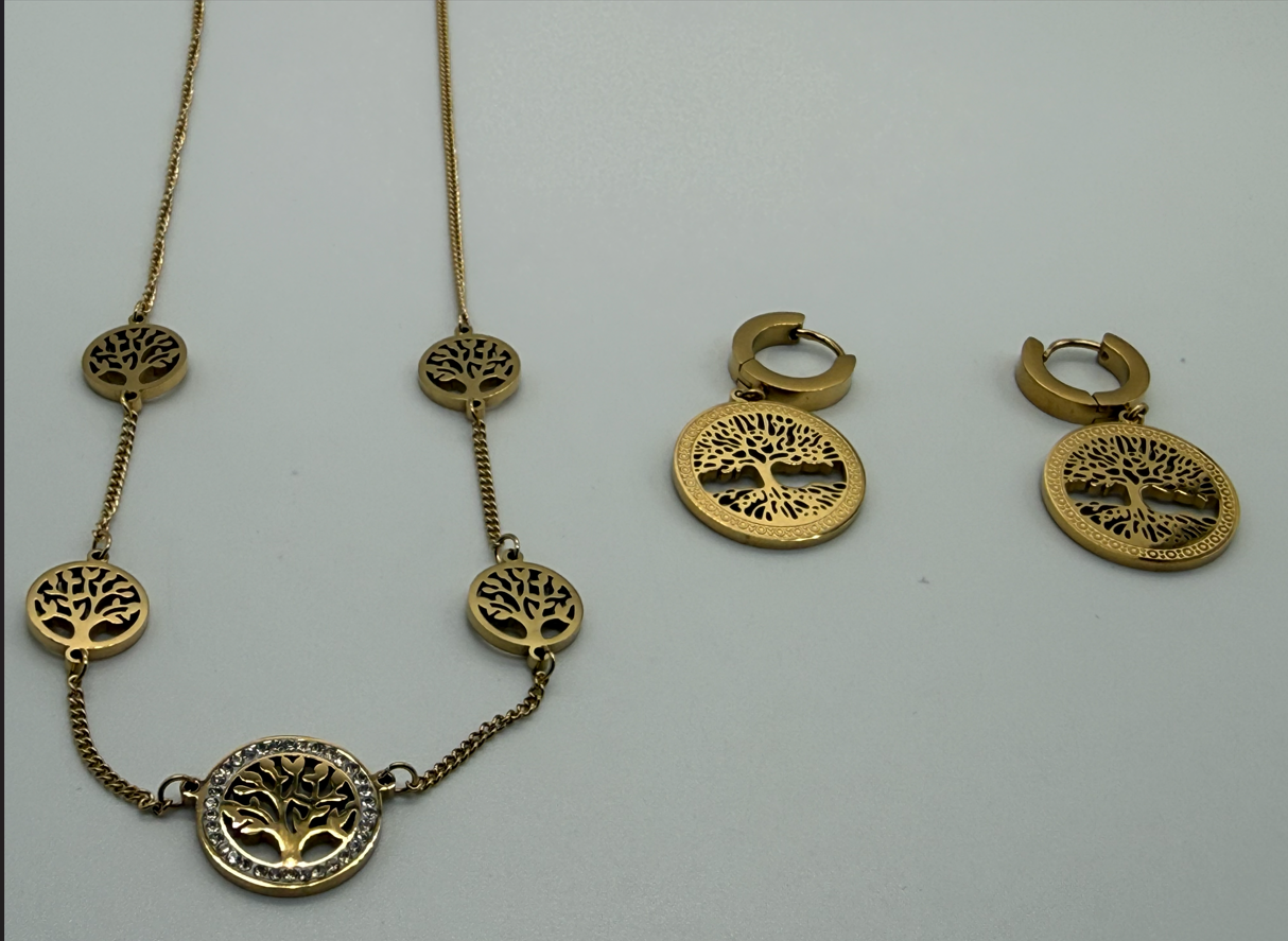 Sterling Steel Tree of Life Chain with Crystal, Pendant & Earring Set