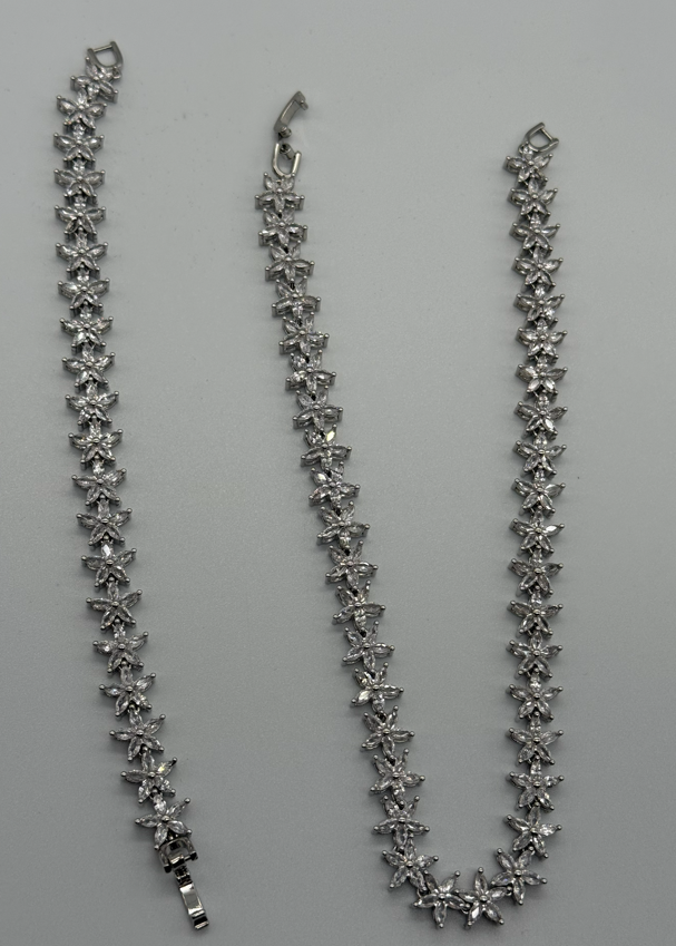 Sterling Steel Crystal Flower Bracelet and Necklace Set (Style 2)