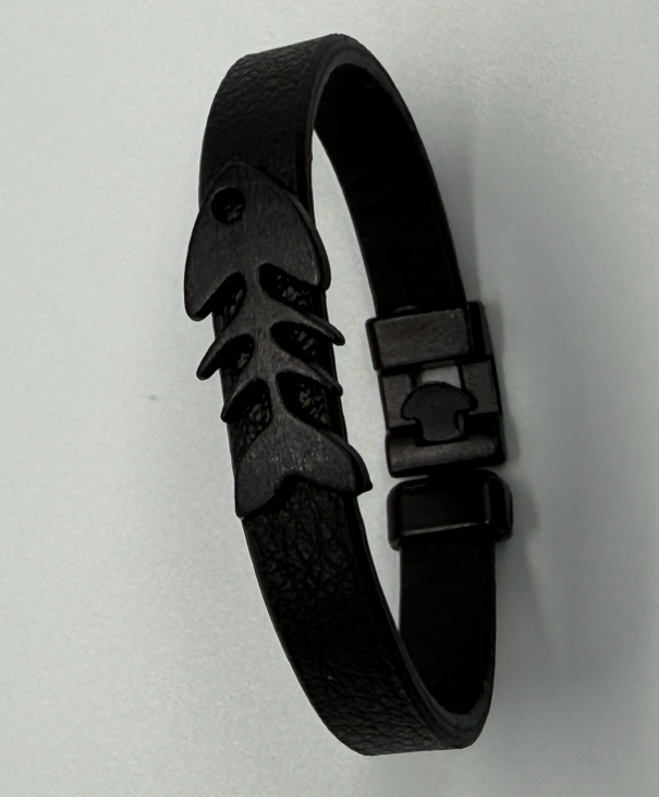 Natural Leather bracelet with Fish in Sterling Steel