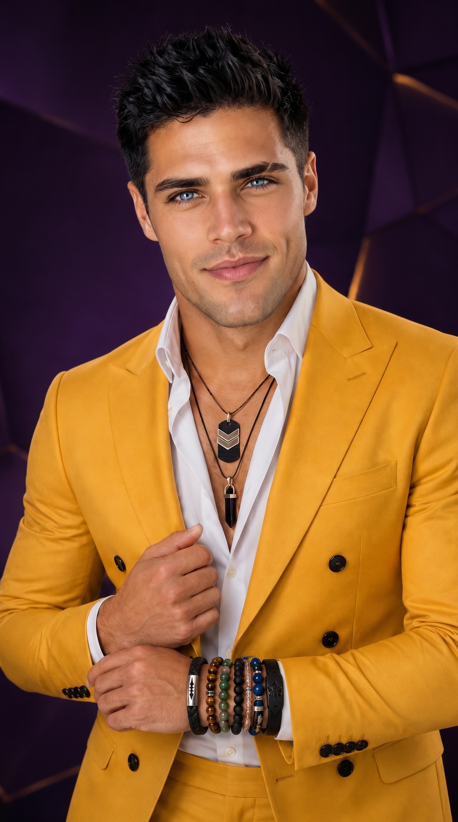 Jacob wearing DuJool men's necklaces, pendants, watch and bracelets.