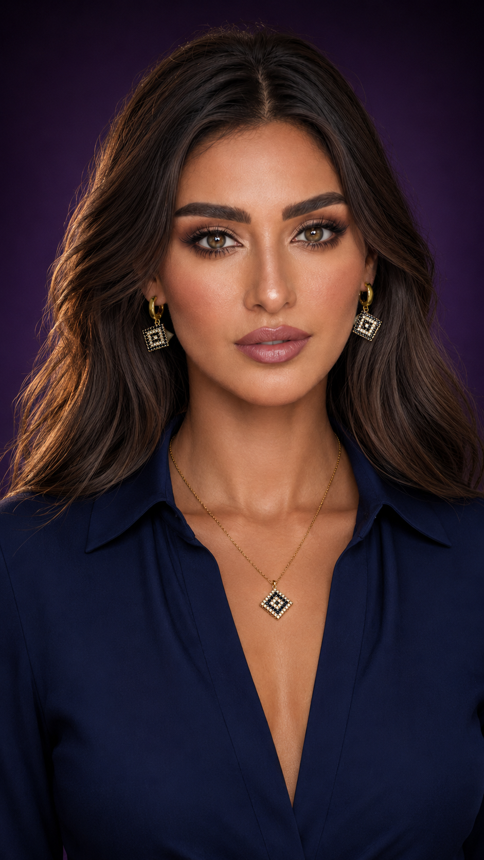 DuJool model wearing an evil eye necklace and earring set.