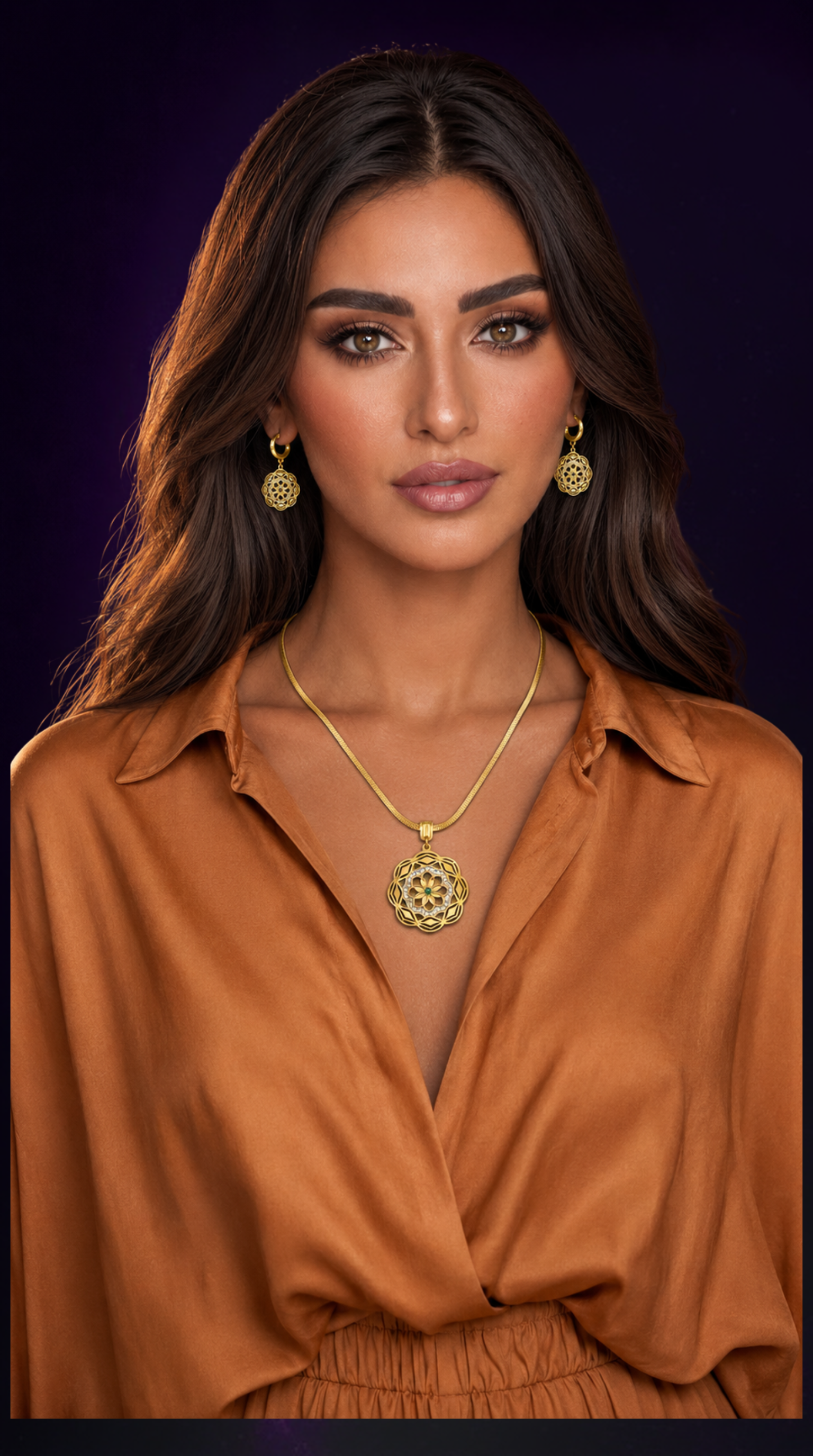 DuJool model wearing a flower-inspired necklace and earrings.