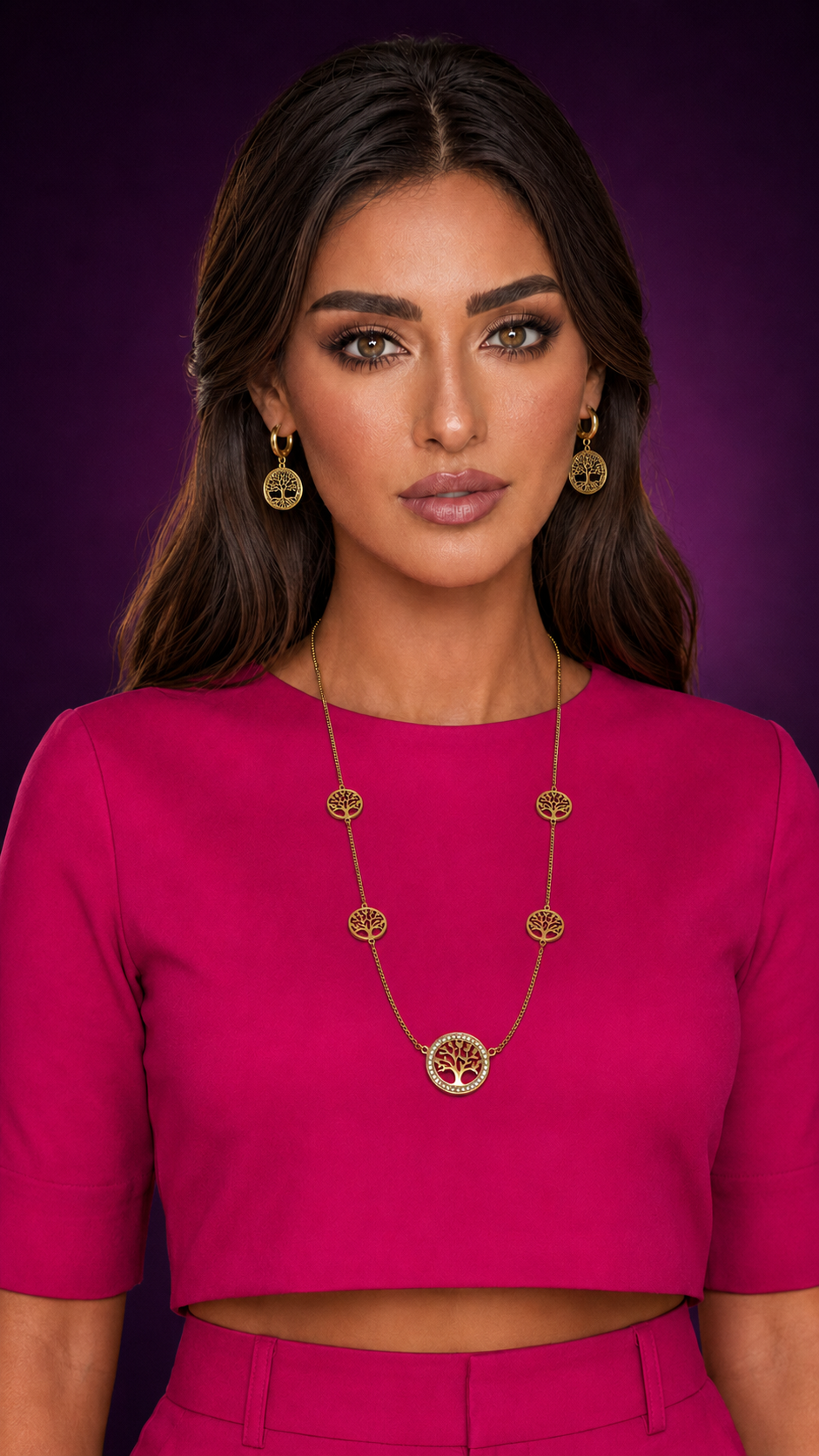 DuJool model wearing a Tree of Life jewelry set.