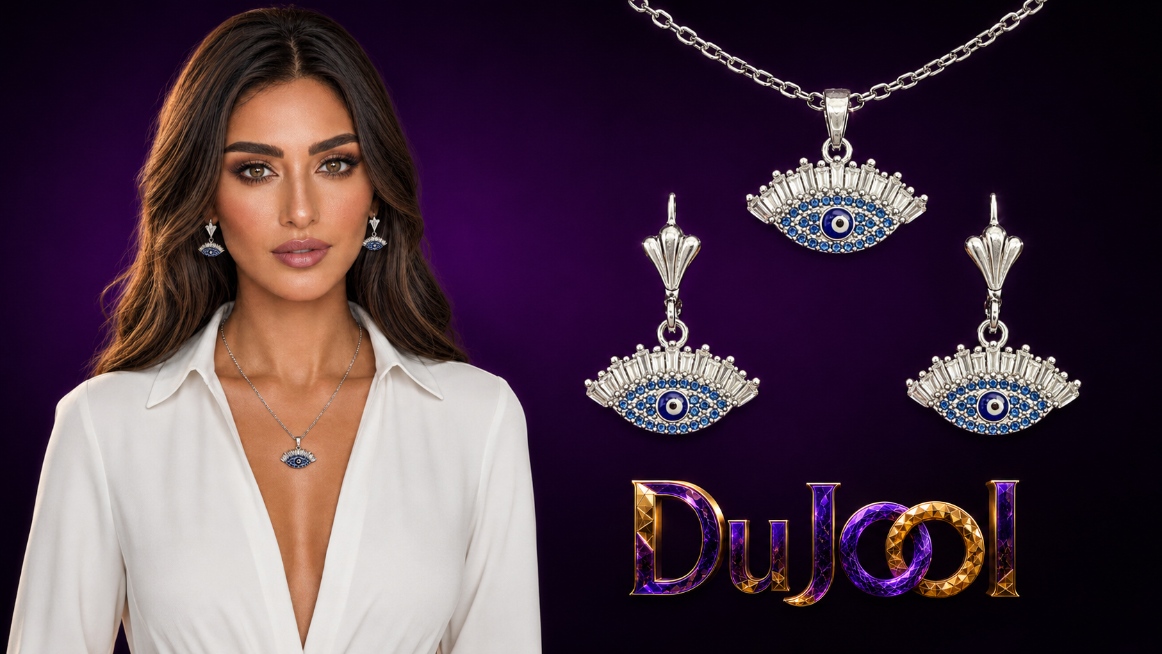 DuJool evil eye jewelry collection modeled with necklace and earrings.